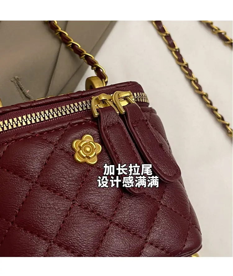 Women's Maroon Quilted Bucket Bag with Gold Chain — feature 5