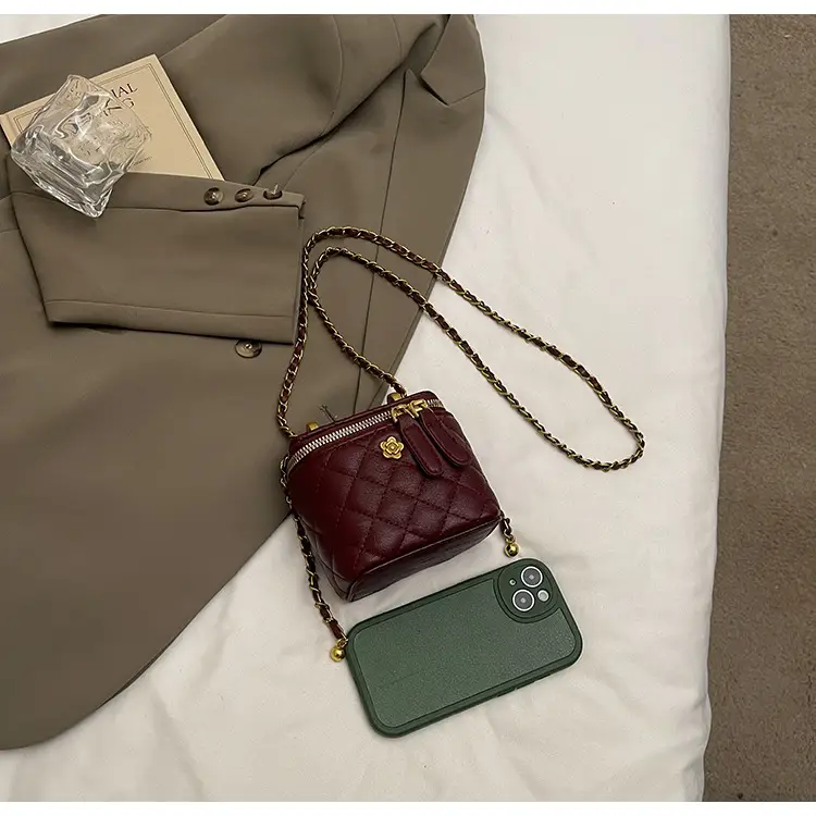 Women's Maroon Quilted Bucket Bag with Gold Chain — feature 7