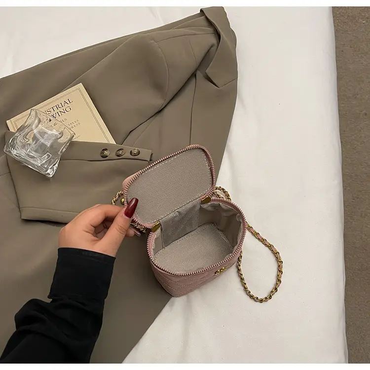 Women's Maroon Quilted Bucket Bag with Gold Chain — feature 8