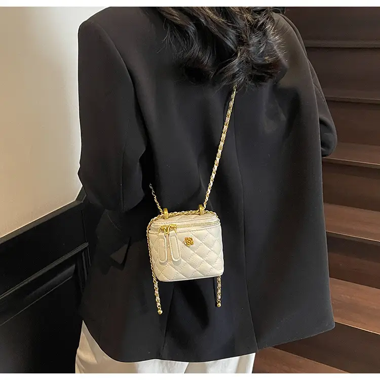 Women's Maroon Quilted Bucket Bag with Gold Chain — feature 9