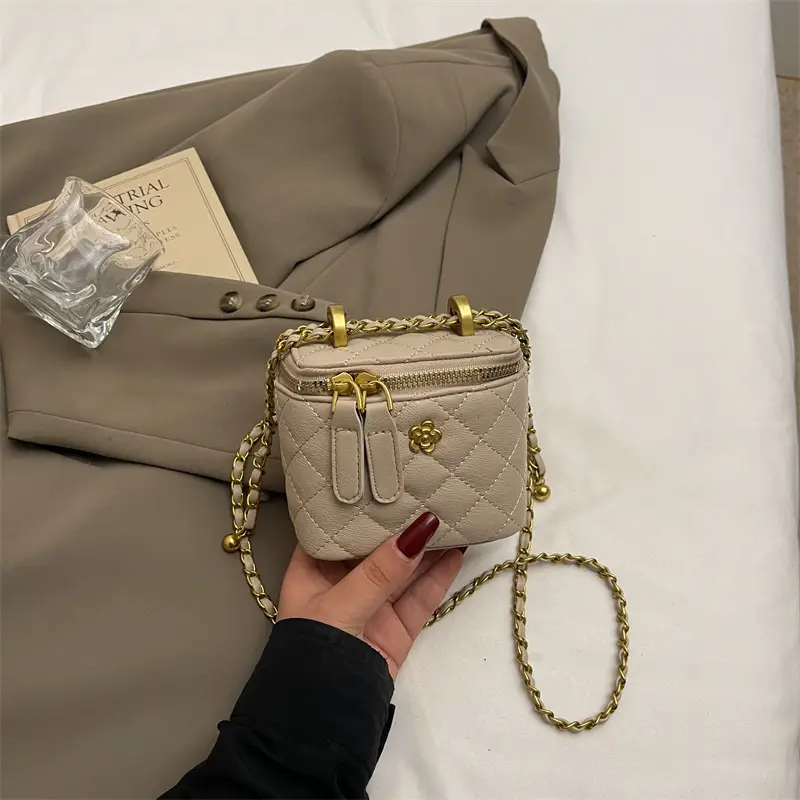Women's Maroon Quilted Bucket Bag with Gold Chain