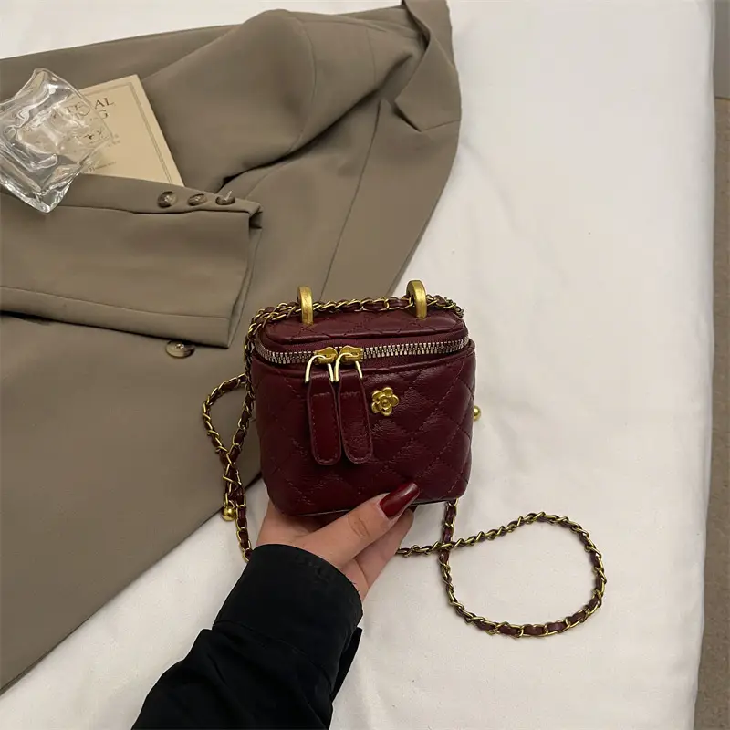 Women's Maroon Quilted Bucket Bag with Gold Chain