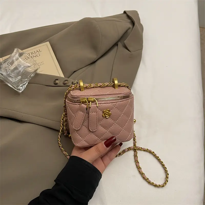 Women's Maroon Quilted Bucket Bag with Gold Chain