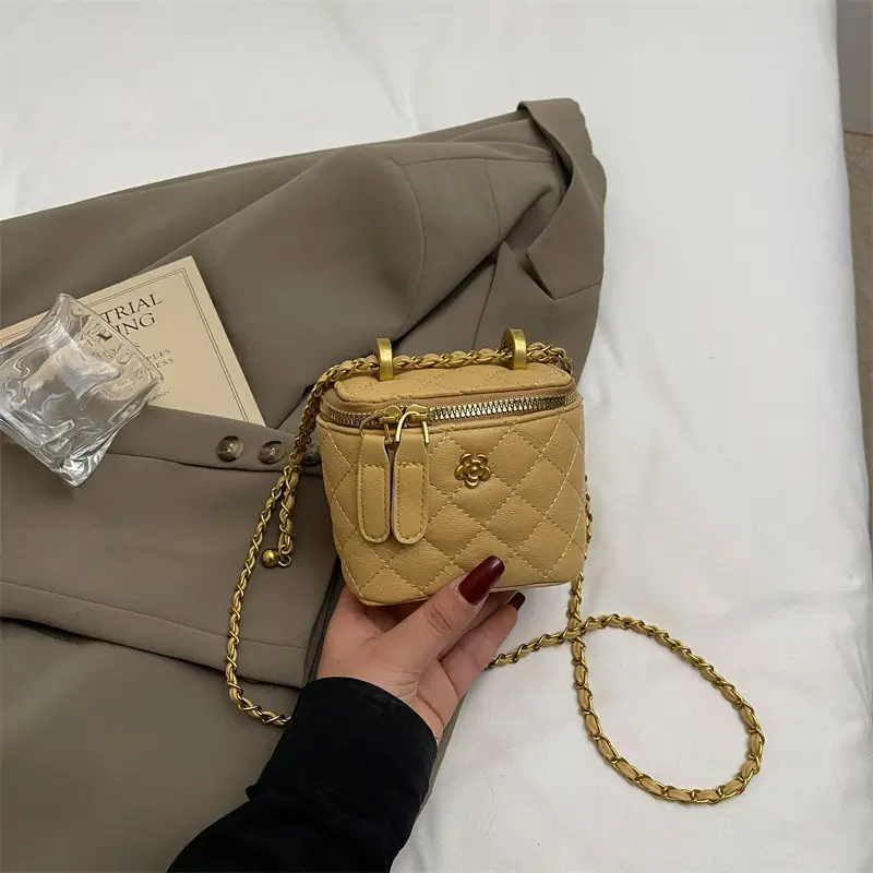 Women's Maroon Quilted Bucket Bag with Gold Chain