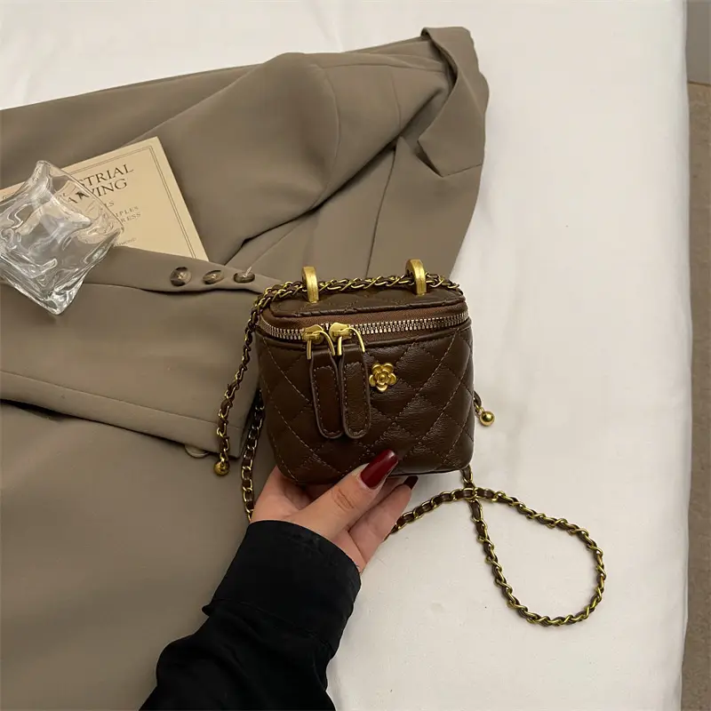 Women's Maroon Quilted Bucket Bag with Gold Chain