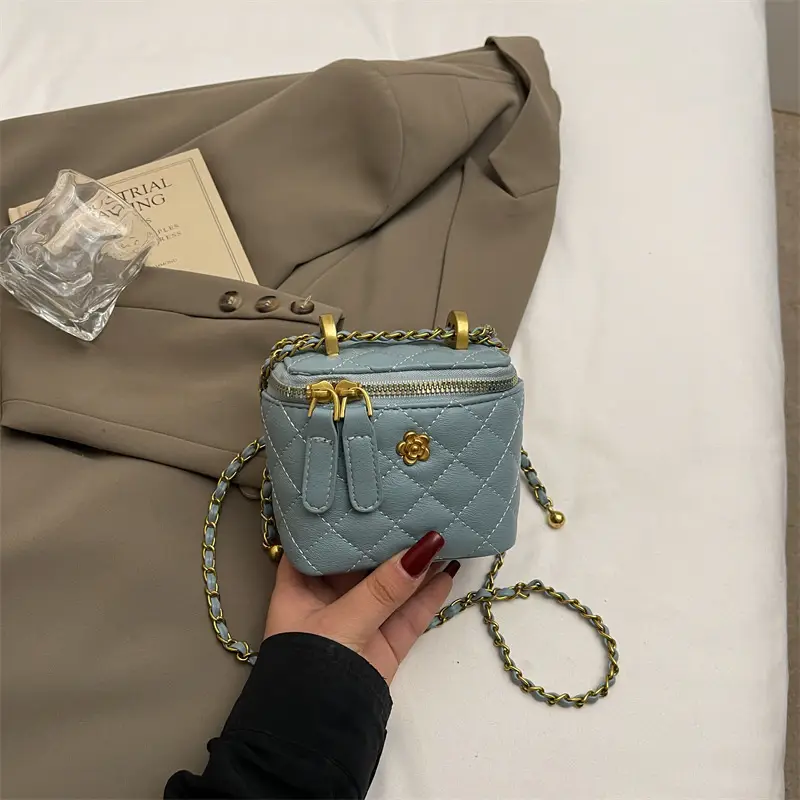 Women's Maroon Quilted Bucket Bag with Gold Chain