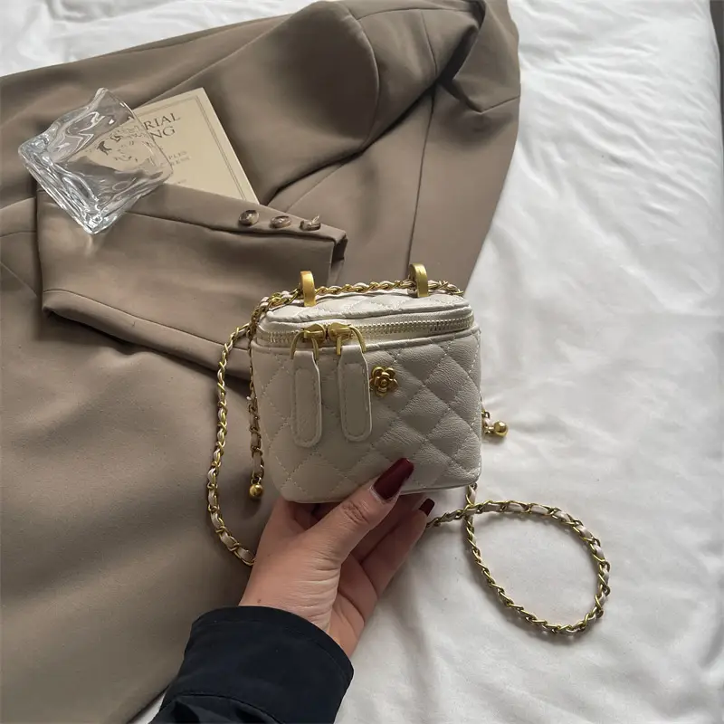 Women's Maroon Quilted Bucket Bag with Gold Chain