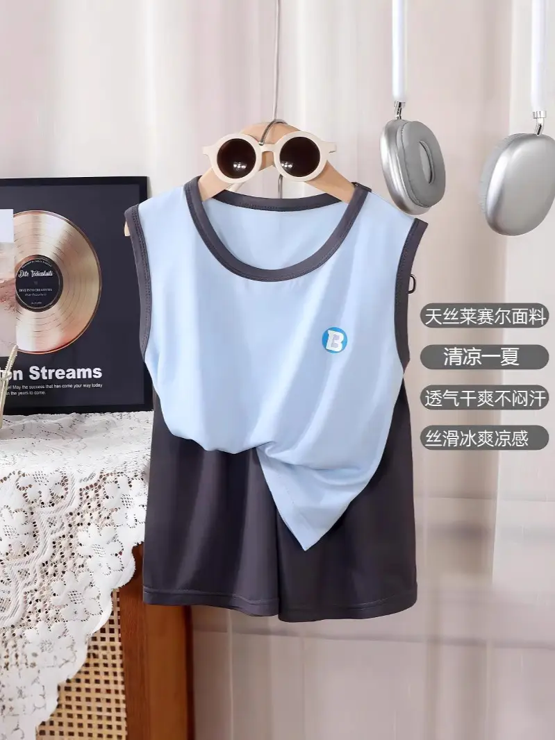 Summer Boys and Girls Summer Tencel Lyocell Baby Children's Big Children's Home Clothes Vest Shorts suit