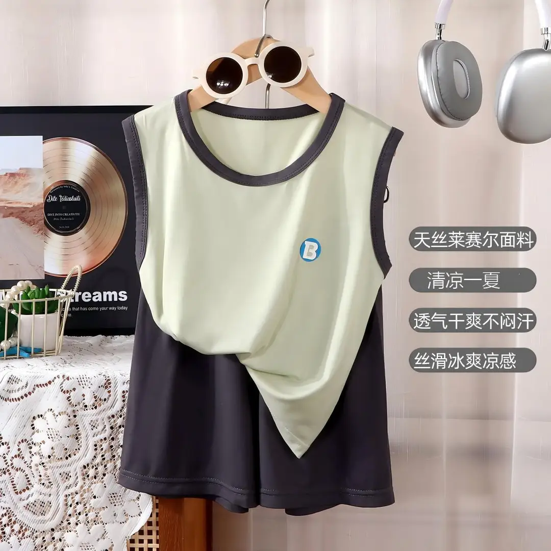 Summer Boys and Girls Summer Tencel Lyocell Baby Children's Big Children's Home Clothes Vest Shorts suit