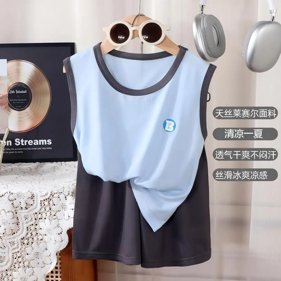 Summer Boys and Girls Summer Tencel Lyocell Baby Children's Big Children's Home Clothes Vest Shorts suit