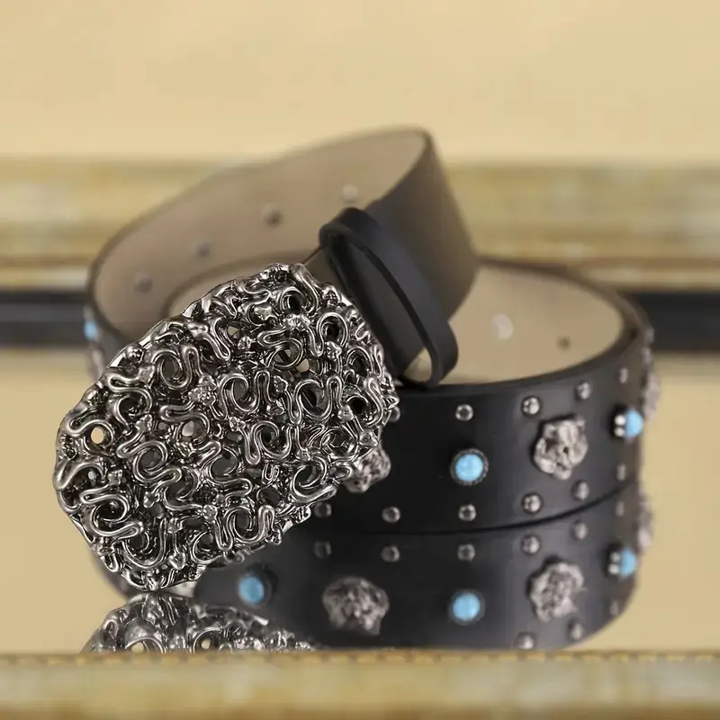 Studded Denim Belt with Sparkle & Buckle - Image 5