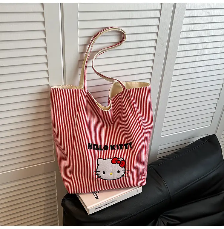Women's Red Striped Canvas Shoulder Bag Large Capacity 2025 — feature 12