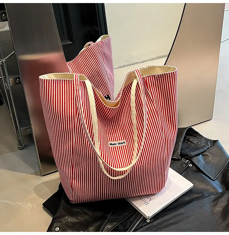 Women's Red Striped Canvas Shoulder Bag Large Capacity 2025 — feature 14