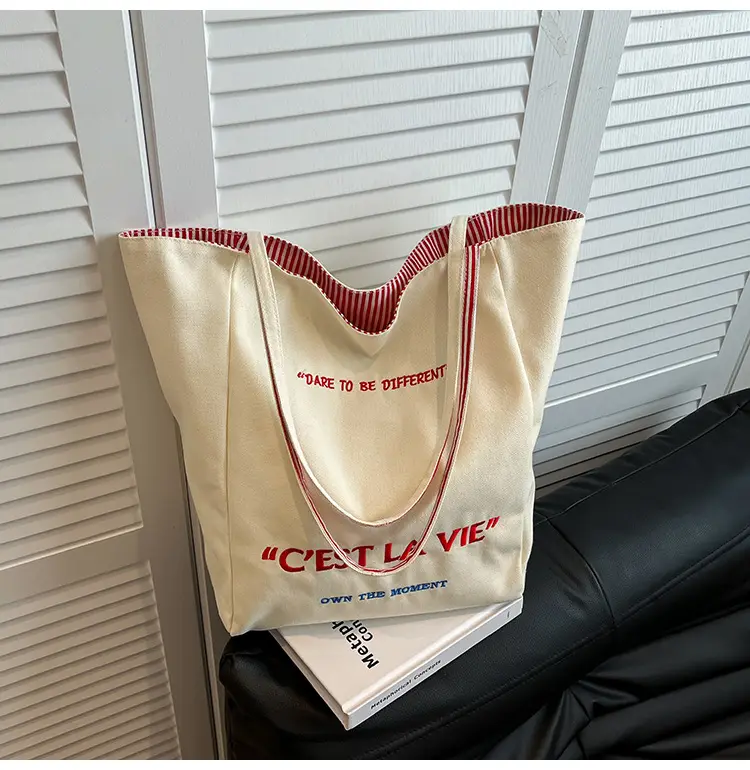 Women's Red Striped Canvas Shoulder Bag Large Capacity 2025 — feature 15