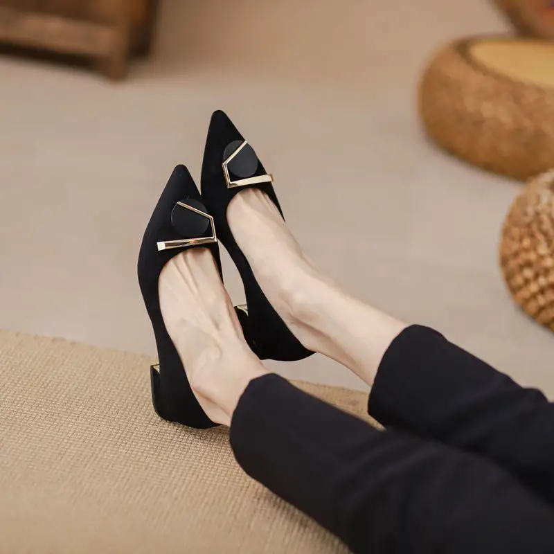 Pointed Toe Shallow Heel High Shoes Thick Heel Flats Women's Spring & Fall New Low Heel 3cm Non-Tiring Feet Large Size Black Work Shoes - Image 2