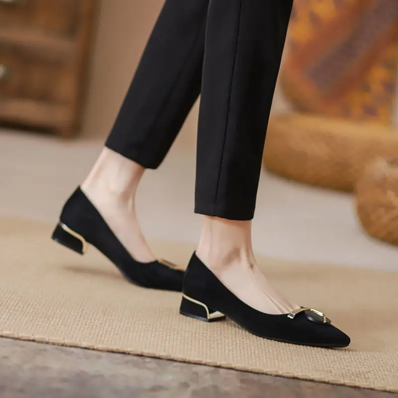 Pointed Toe Shallow Heel High Shoes Thick Heel Flats Women's Spring & Fall New Low Heel 3cm Non-Tiring Feet Large Size Black Work Shoes - Image 3