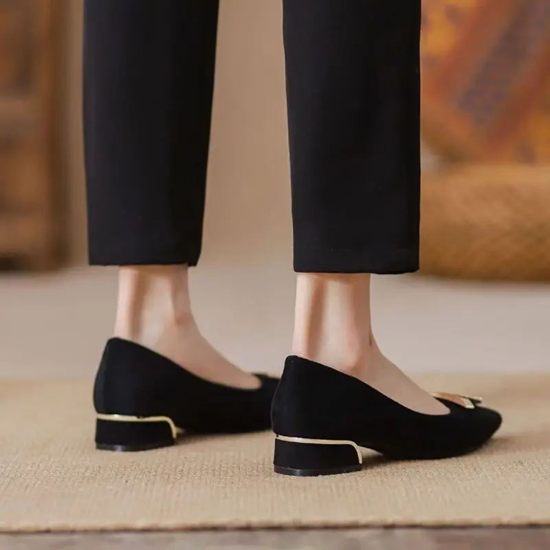 Pointed Toe Shallow Heel High Shoes Thick Heel Flats Women's Spring & Fall New Low Heel 3cm Non-Tiring Feet Large Size Black Work Shoes - Image 4