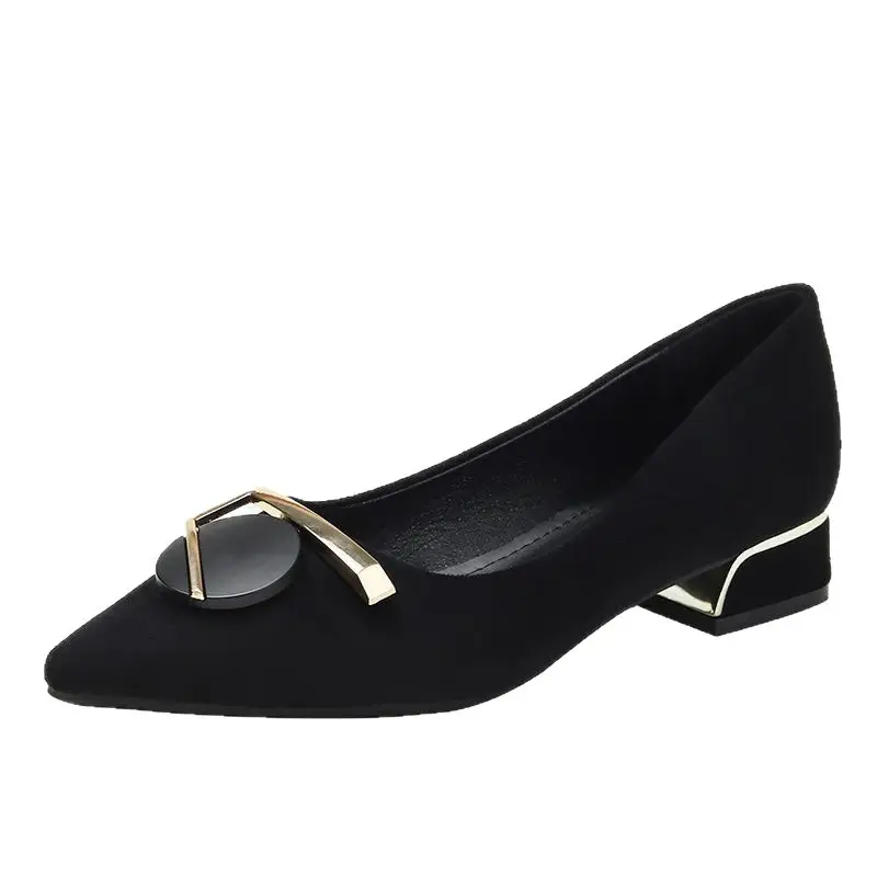 Pointed Toe Shallow Heel High Shoes Thick Heel Flats Women's Spring & Fall New Low Heel 3cm Non-Tiring Feet Large Size Black Work Shoes - Image 5
