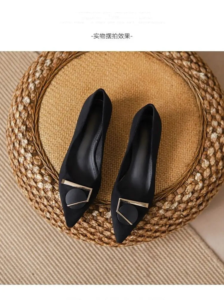 Pointed Toe Shallow Heel High Shoes Thick Heel Flats Women's Spring & Fall New Low Heel 3cm Non-Tiring Feet Large Size Black Work Shoes — feature 10
