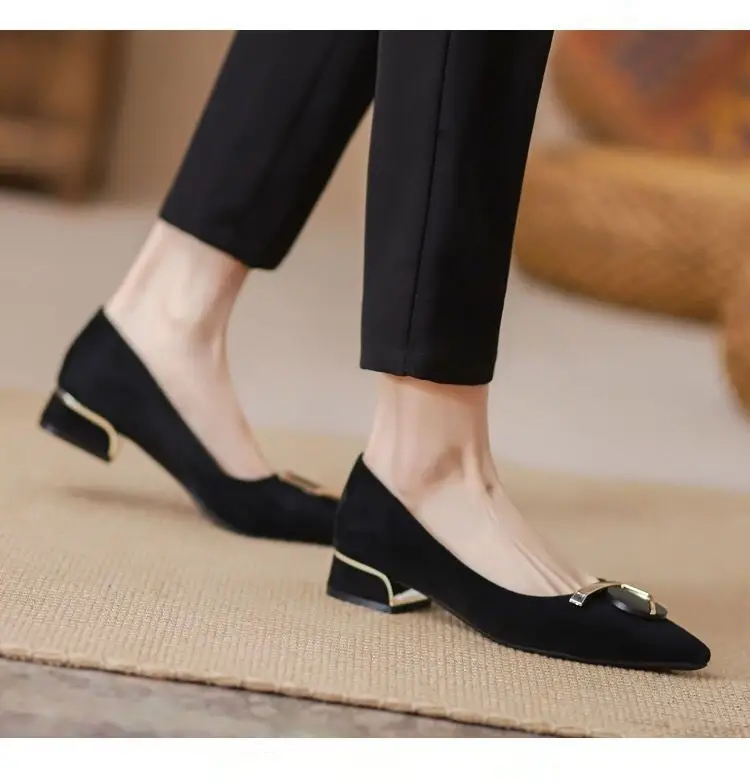 Pointed Toe Shallow Heel High Shoes Thick Heel Flats Women's Spring & Fall New Low Heel 3cm Non-Tiring Feet Large Size Black Work Shoes — feature 7
