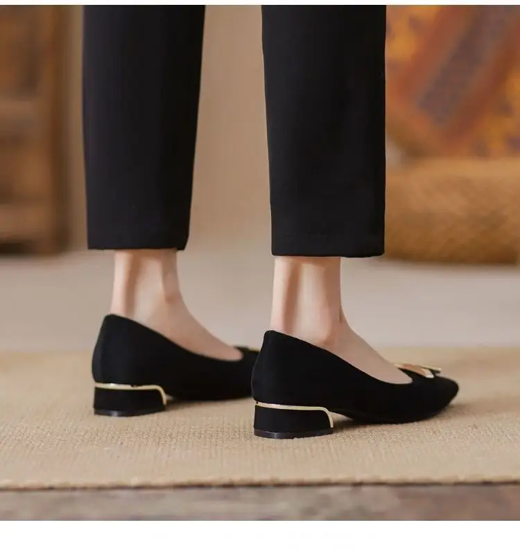 Pointed Toe Shallow Heel High Shoes Thick Heel Flats Women's Spring & Fall New Low Heel 3cm Non-Tiring Feet Large Size Black Work Shoes — feature 9