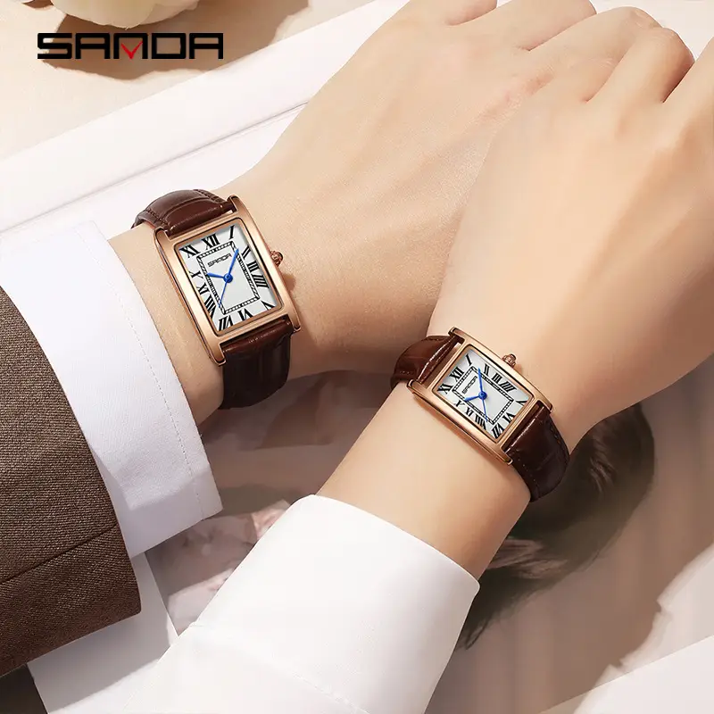 Sanda Square Watch Brown Gold Leather Strap - Image 14