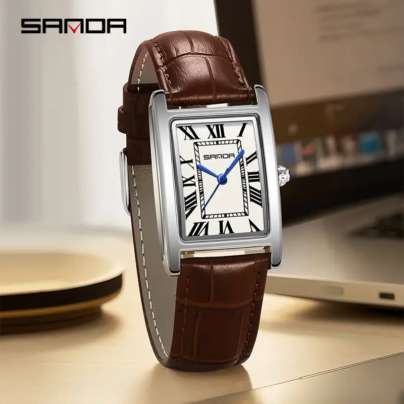 Sanda Square Watch Brown Gold Leather Strap - Image 15