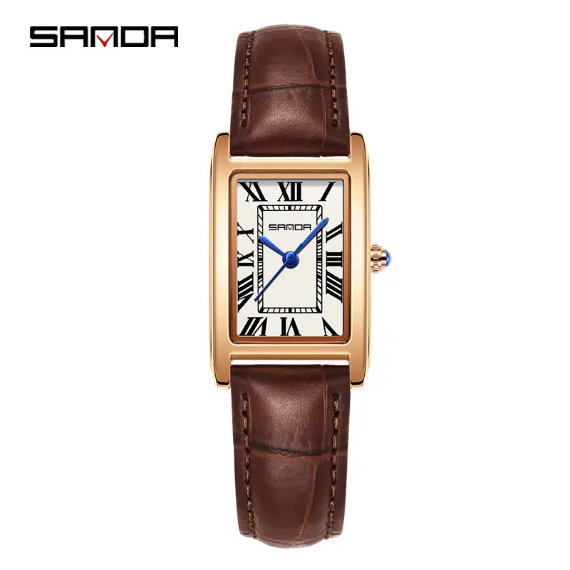 Sanda Square Watch Brown Gold Leather Strap - Image 11