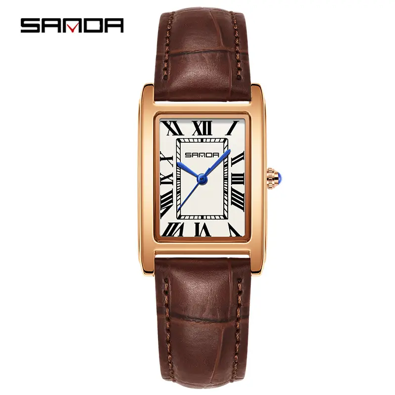 Sanda Square Watch Brown Gold Leather Strap - Image 3