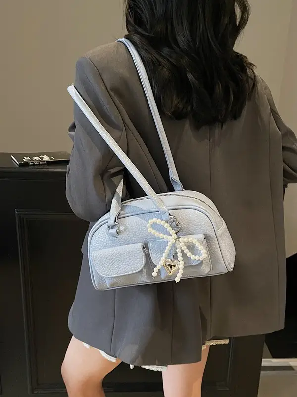 Light Blue Pearl Bow Crossbody Bag for Women - Image 12