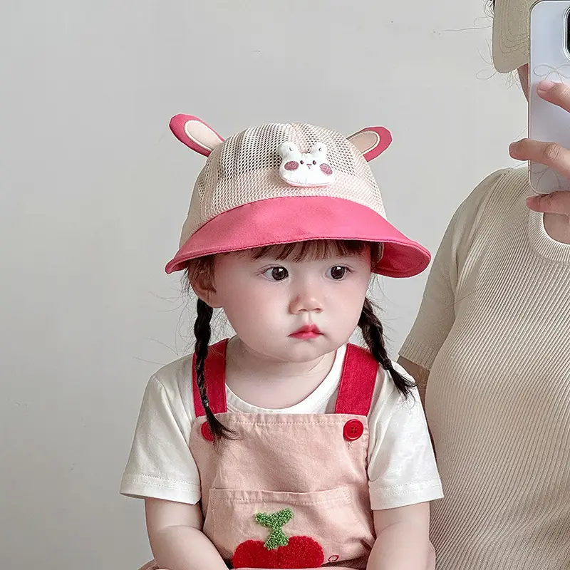 Baby Sun Hat with Cat Ears, Pink Mesh, Large Bristle - Image 7