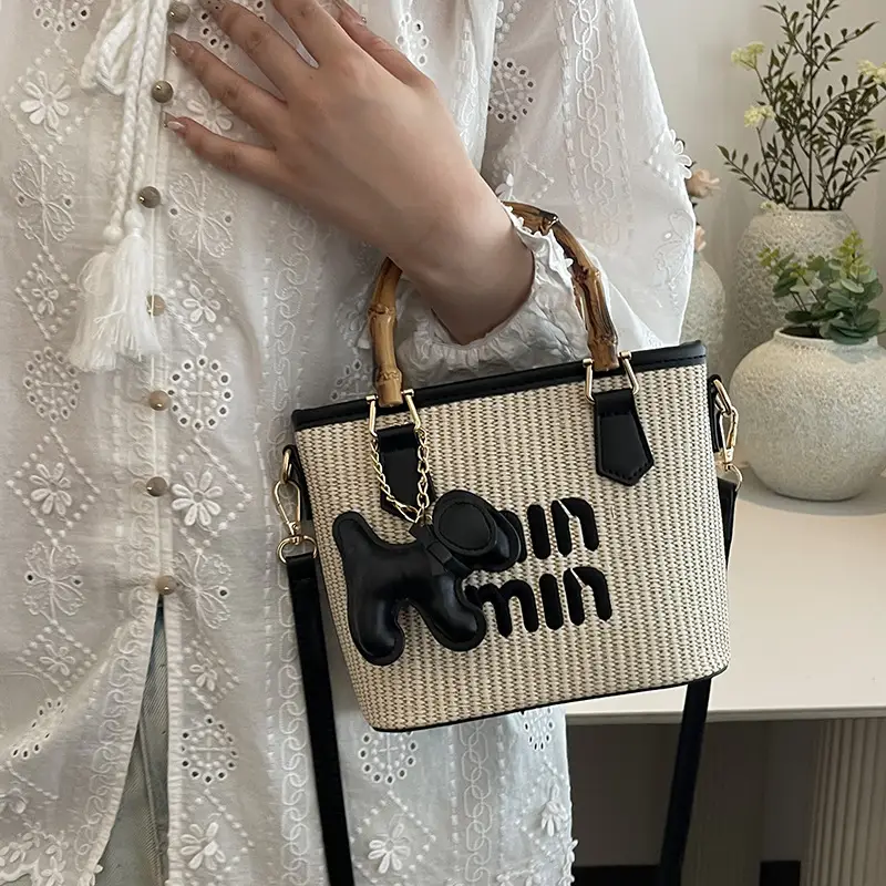 Women Straw Mini Mouse Bag with Leather Handle