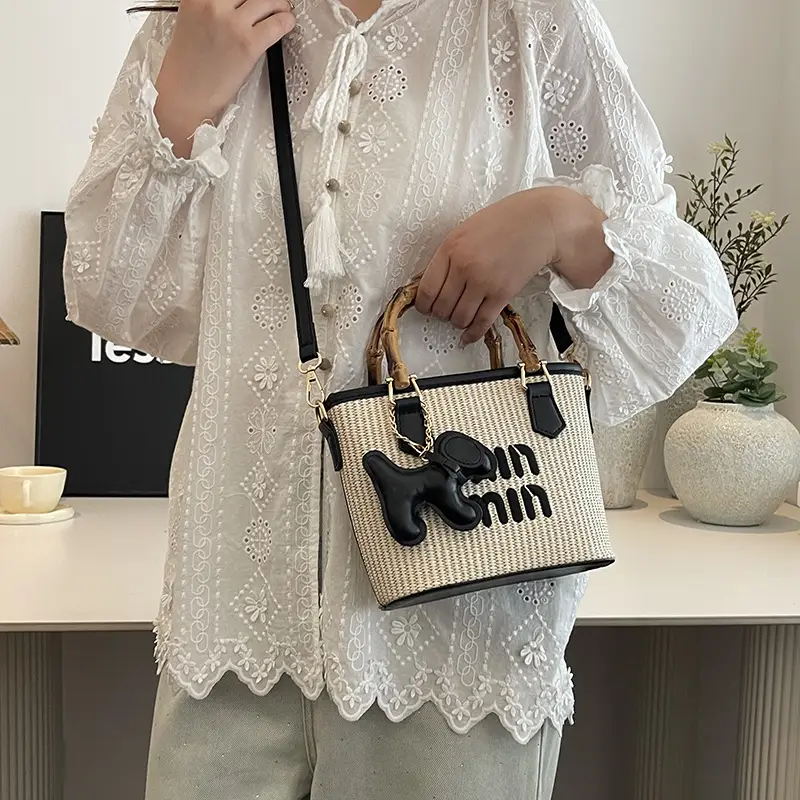 Women Straw Mini Mouse Bag with Leather Handle