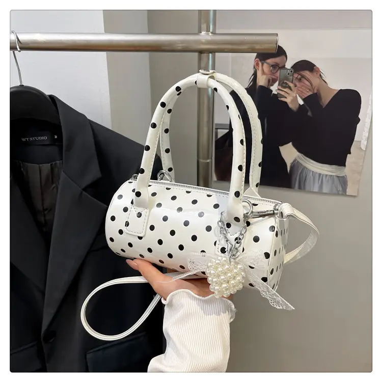 Women's Polka Dot Satchel Shoulder Bag White Pearl — feature 17