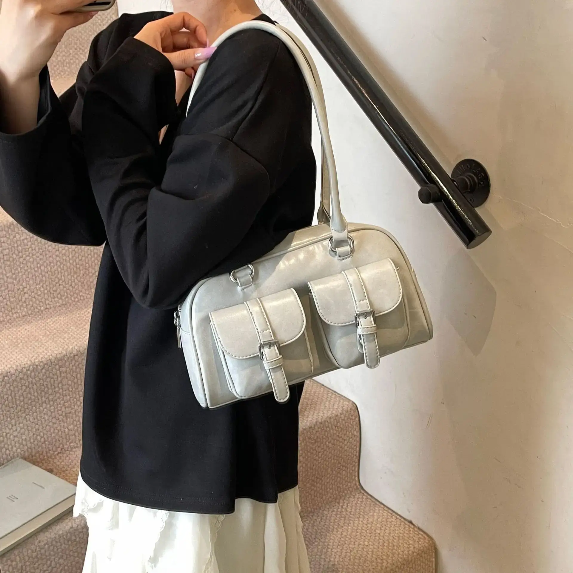 Women's Retro Multi-Flap Shoulder Bag Beige 2025 - Image 10