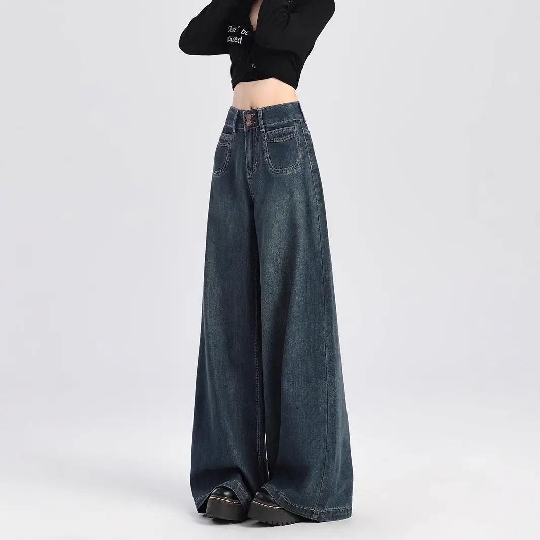 American Retro Dark Blue Wide Leg Jeans for Women