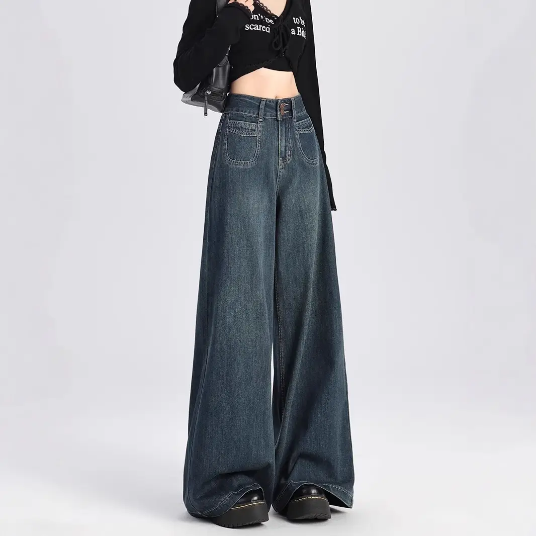 American Retro Dark Blue Wide Leg Jeans for Women