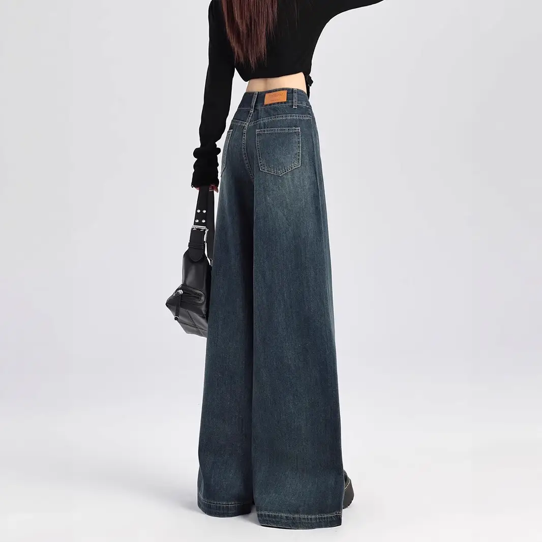 American Retro Dark Blue Wide Leg Jeans for Women