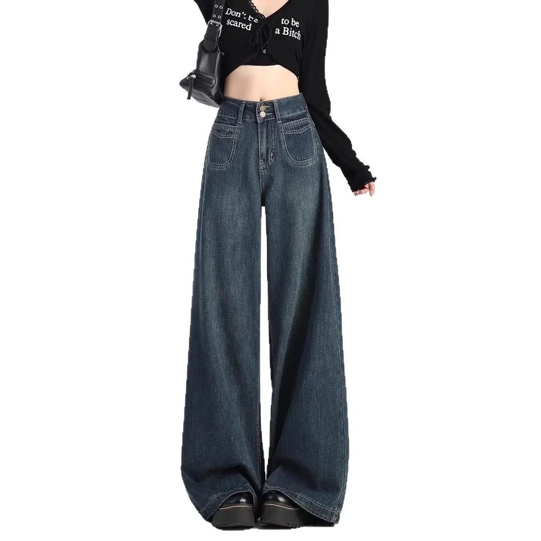 American Retro Dark Blue Wide Leg Jeans for Women