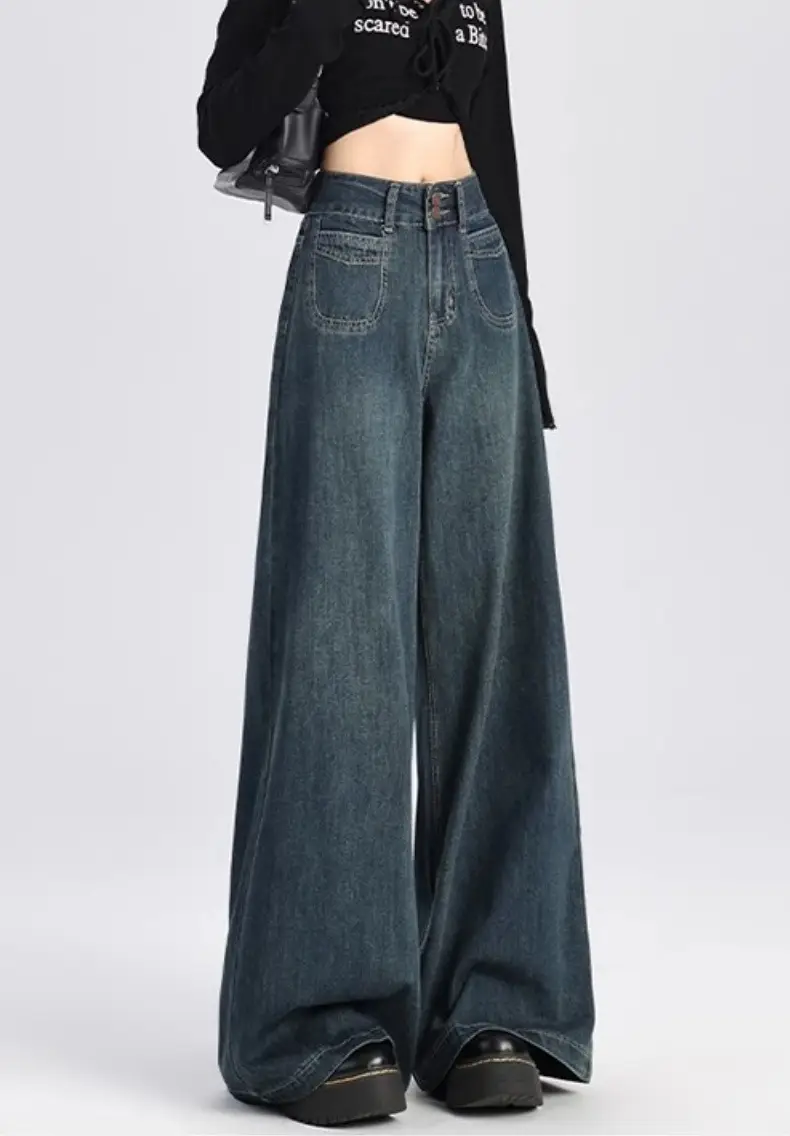 American Retro Dark Blue Wide Leg Jeans for Women — feature 11