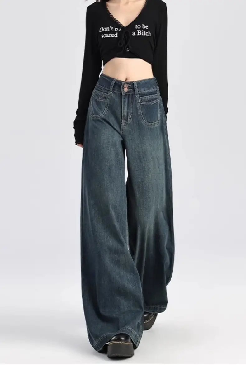 American Retro Dark Blue Wide Leg Jeans for Women — feature 12