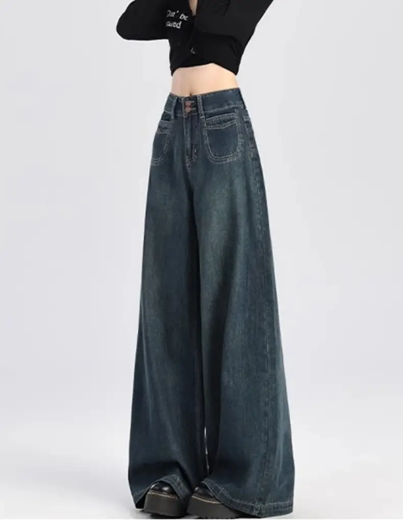 American Retro Dark Blue Wide Leg Jeans for Women — feature 13