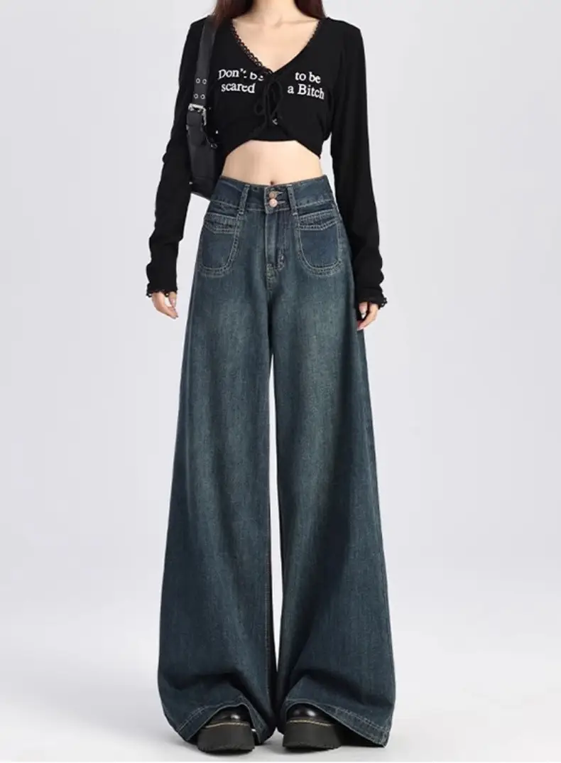 American Retro Dark Blue Wide Leg Jeans for Women — feature 14