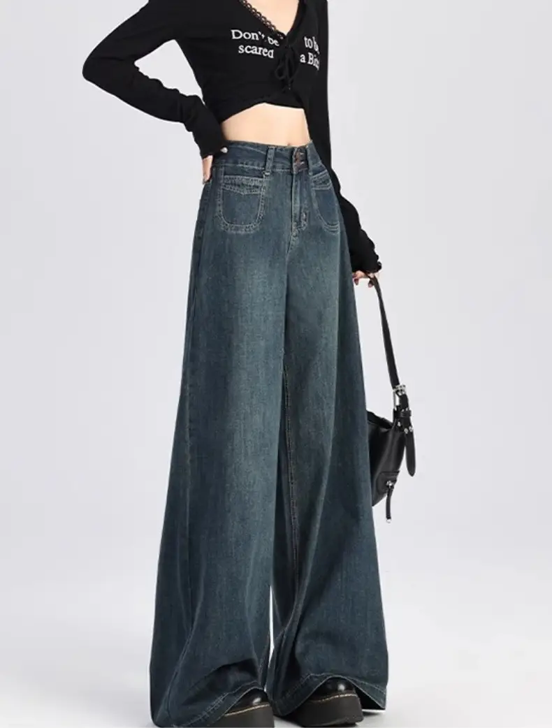 American Retro Dark Blue Wide Leg Jeans for Women — feature 15