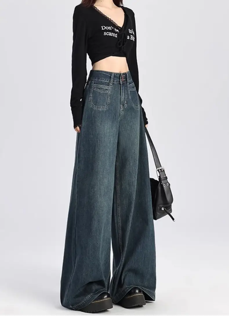 American Retro Dark Blue Wide Leg Jeans for Women — feature 17