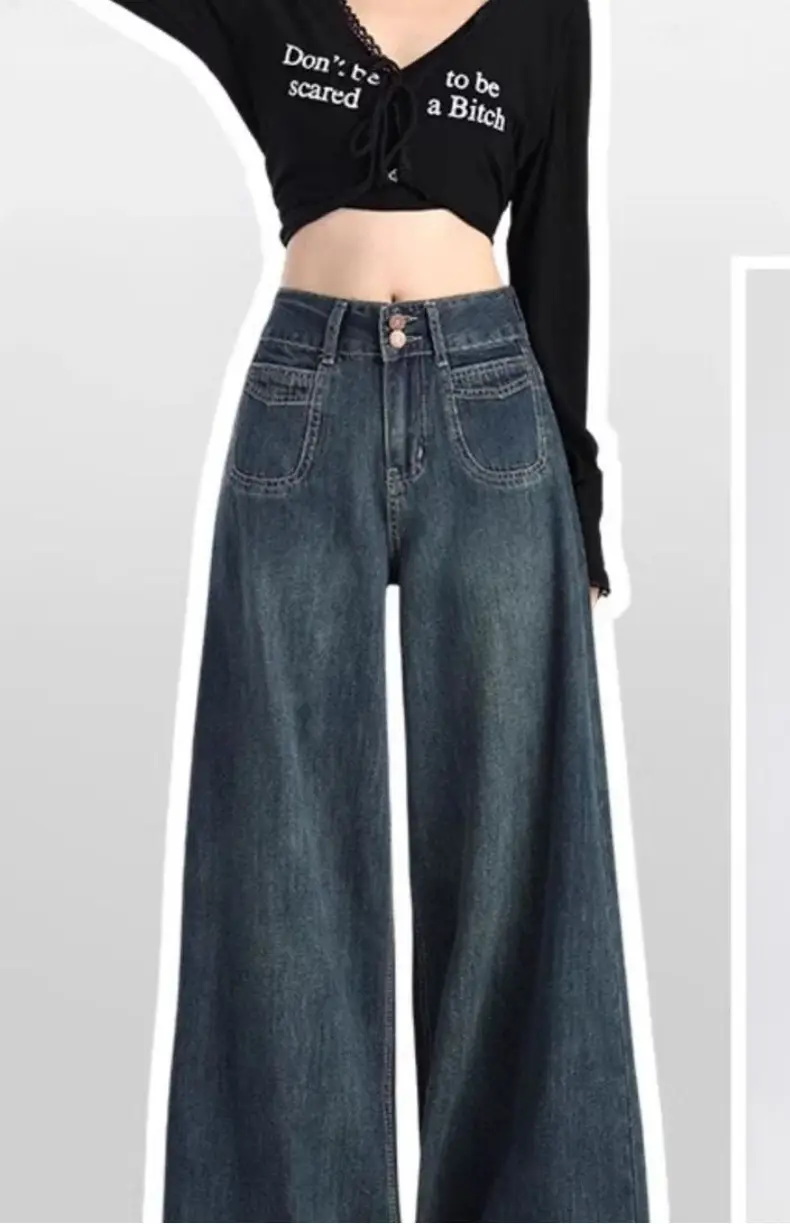 American Retro Dark Blue Wide Leg Jeans for Women — feature 2