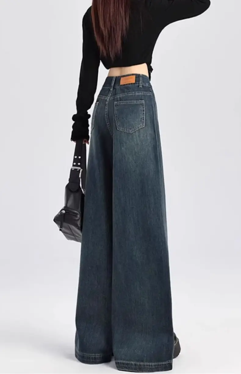 American Retro Dark Blue Wide Leg Jeans for Women — feature 4
