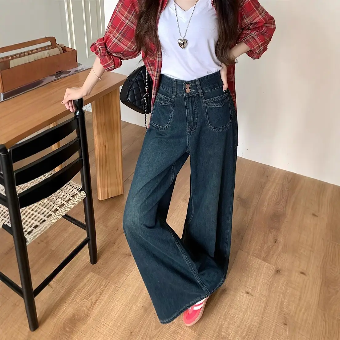 Dark Blue Wide Leg Jeans High Waist 2025 Spring Autumn