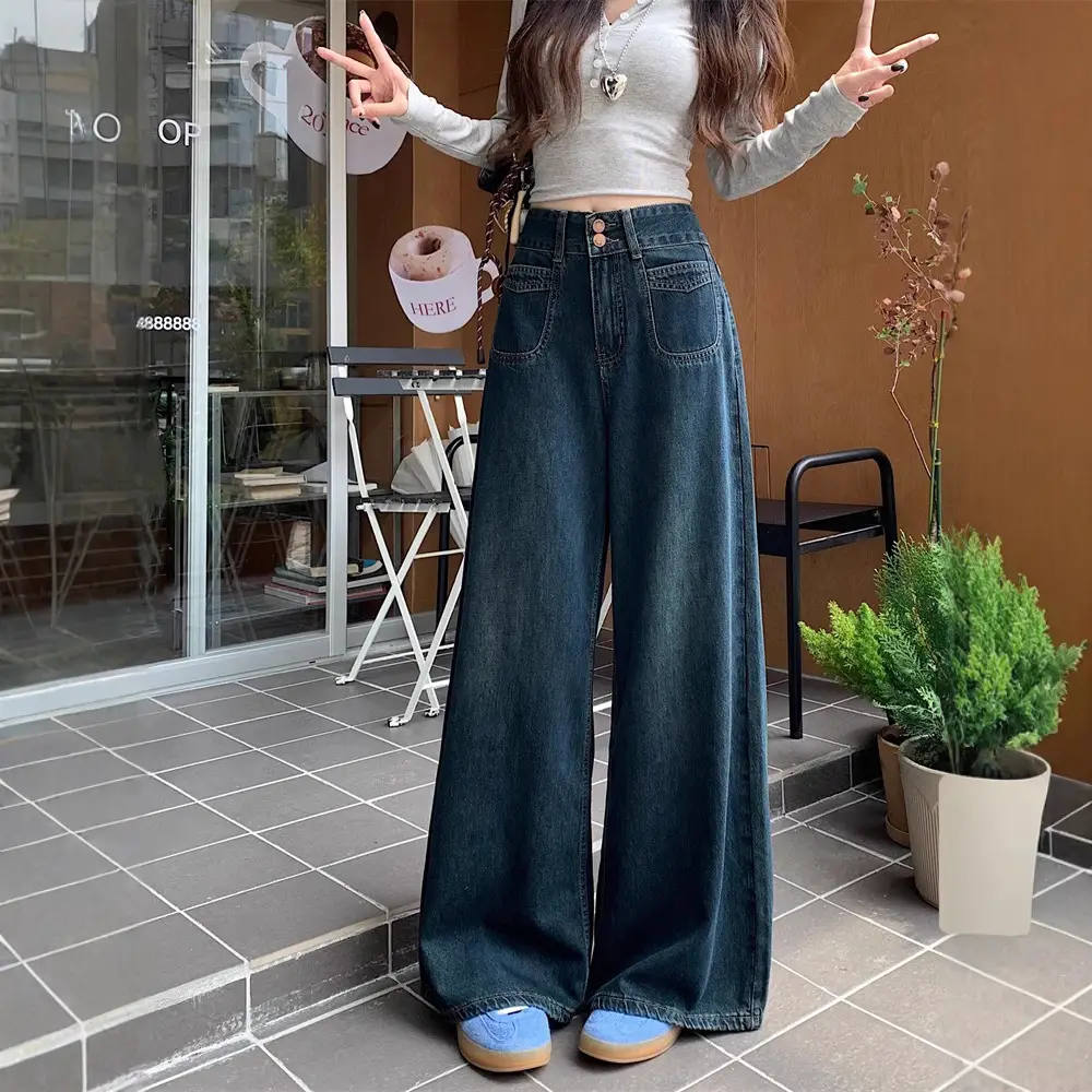 Dark Blue Wide Leg Jeans High Waist 2025 Spring Autumn