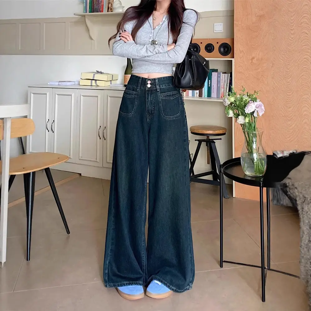 Dark Blue Wide Leg Jeans High Waist 2025 Spring Autumn